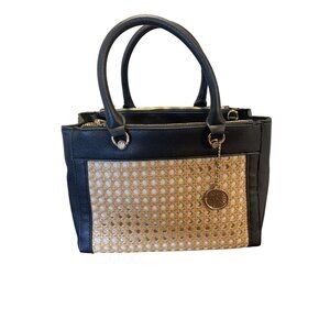 Anne Klein Black & Tan Leather Woven Straw Handbag with Gold Accents
